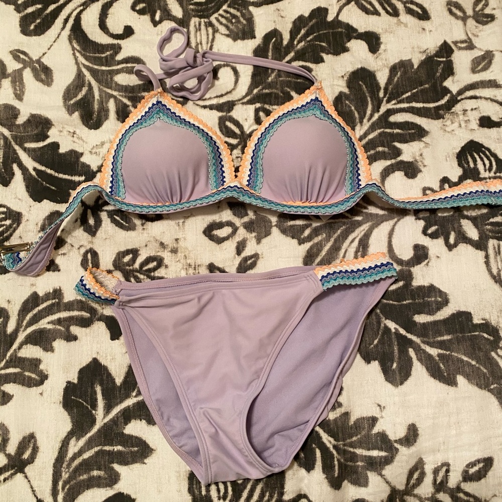 2 piece lavender bikini set with multi color accents
